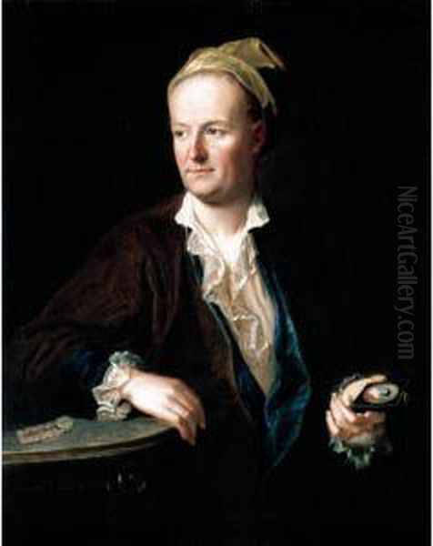 Portrait Of A Gentleman, Half 
Length, Wearing A Brown Overcoat, Leaning Against A Table And Holding A 
Miniature Oil Painting by Johann Kupetzki