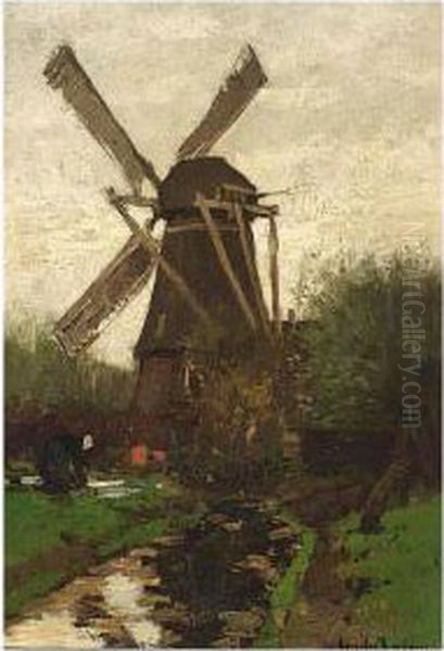 A Peasant Woman Near A Windmill Oil Painting by Cornelis Kuypers
