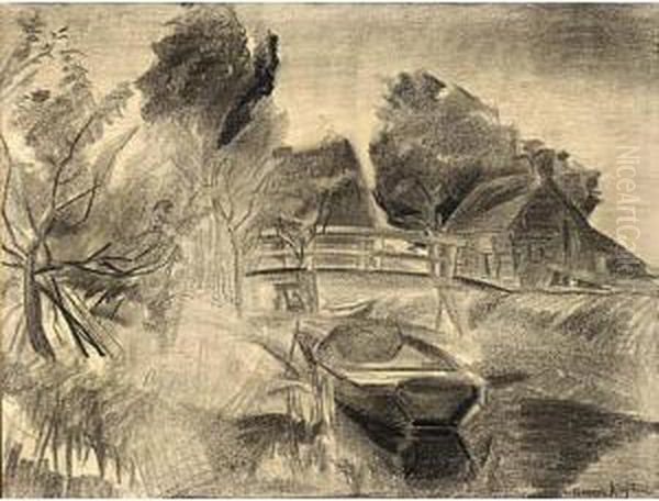 A View Of A Bridge With A Moored Boat, Kortenhoef Oil Painting by Harrie Kuyten