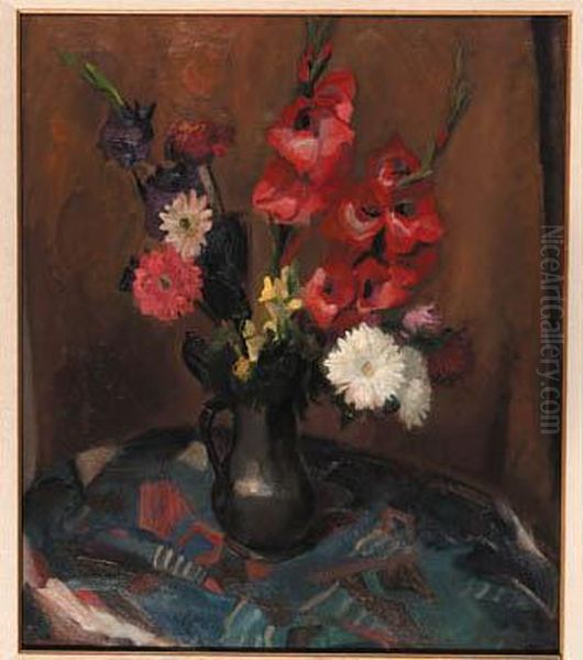A Still Life With Flowers In A Pewter Jug Oil Painting by Harrie Kuyten