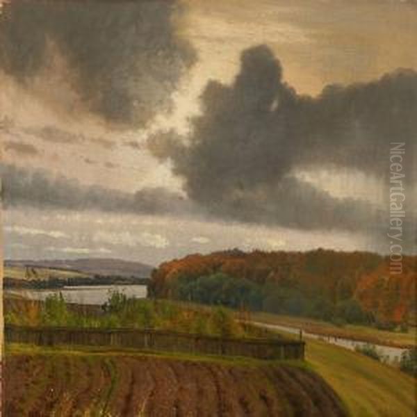 I Oktober Maaned. 
Emnet Taget Ved Ryestation. 
I Baggrunden Sees Himmelbjerget Oil Painting by Vilhelm Kyhn