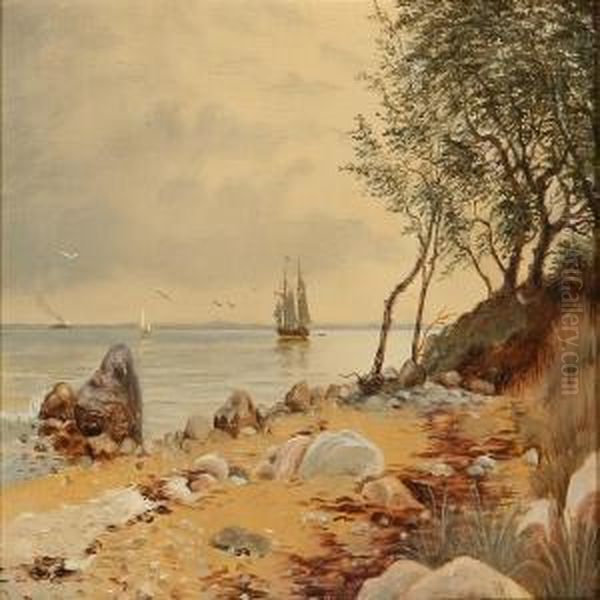Coastal Scene With Sailing Ships And A Steamer On The Sea Oil Painting by Vilhelm Kyhn