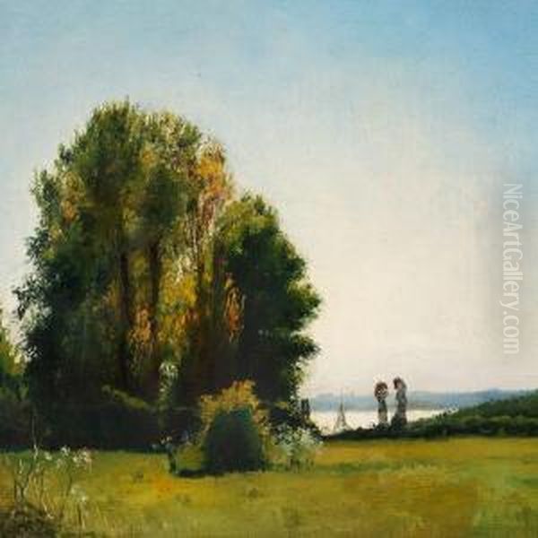 Landscape With Two Ladies With Sunshades Oil Painting by Vilhelm Kyhn