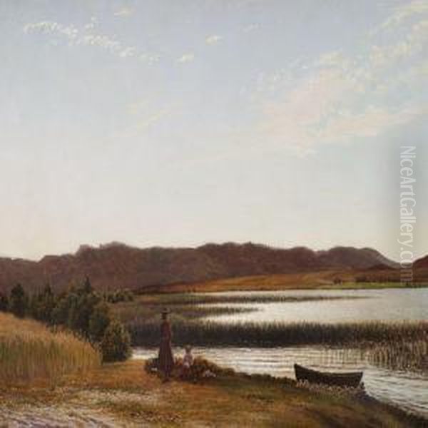A Mother With A Child At A Lake Shore, Presumably Near Silkeborg Oil Painting by Vilhelm Kyhn