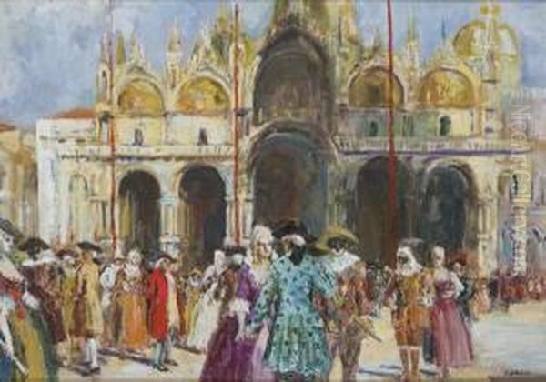 Basilica Di San Marco Con Figure In Mashera Piazza San Marco Con Figure In Mashera Oil Painting by Vincenzo La Bella