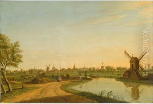 A View Of Leiden Looking From 
The North To The South With A Tow-boat On The Haarlemmertrekvaart, The 
Marekerk, The Tower Of The Stadhuis, The Onze Lieve Vrouwe Kerk, The 
Pieterskerk And The Wittepoort To The Far Right Oil Painting by Paulus Constantin La Fargue