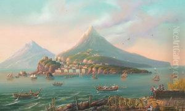 Italian Act.-- Workmen On A 
Neapolitan Shore, With A Distant Town And Fishermen Out To Sea; Gouache,
 A Pair, Both Within A Painted Oval, 30x45cm., Ea Oil Painting by Gioacchino La Pira