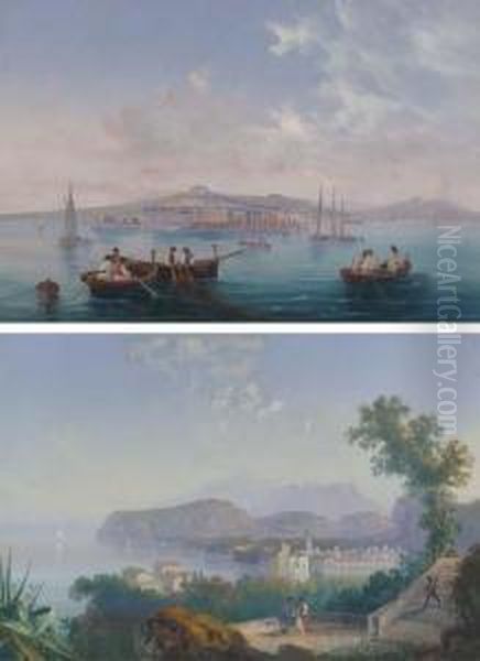 Fishermen Hauling In Their Nets In The Bay Of Naples With Vesuvius Erupting Beyond Oil Painting by Gioacchino La Pira