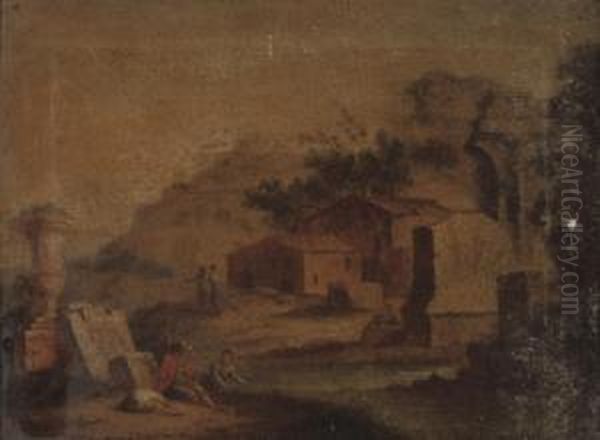 An Italianate Landscape With 
Cattle Drinking At A Trough; And An Italianate River Landscape With 
Figures And Classical Ruins In The Foreground, A Town Beyond Oil Painting by Carlo Labruzzi