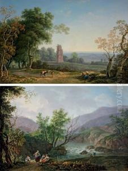 An Italianate Landscape With 
Peasants On A Path, An Ancient Mausoleum Beyond; And An Italianate River
 Landscape With Peasants Seated On A Bank Oil Painting by Carlo Labruzzi