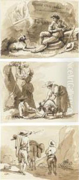 An Album Of Forty-one Drawings: 
Scenes With Travellers And People Seated And Resting In Landscapes Oil Painting by Carlo Labruzzi