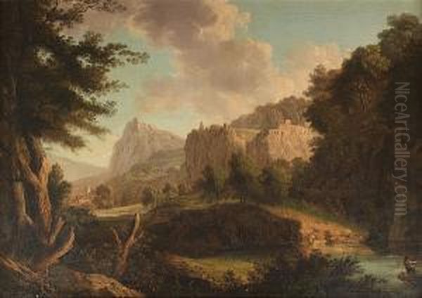 A Rocky River Landscape With A 
Figure In A Boat, A Hilltop Ruin And A View To A Village Beyond Oil Painting by Carlo Labruzzi