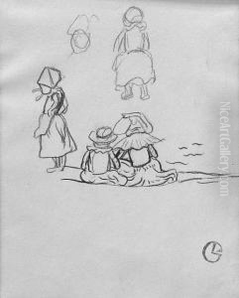 Lacombe, Georges: Sketch Sheet 
Of Pont-aven,um 1890. Charcoal On Paper. Estate Stamp. - Brownish Oil Painting by Georges Lacombe