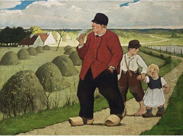 Paysant Avec Deux Enfants Se Promenant Dans Un Champ (wandelende Boer) Oil Painting by Eugene Laermans