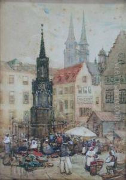 A Continental Town Square Oil Painting by James Garden Laing