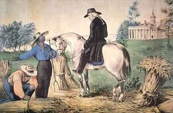 George Washington 1732-99 on his Mount Vernon estate with his black field workers in 1757 Oil Painting by Currier