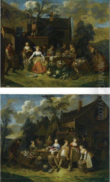 An Elegant Company In A 
Landscape Amongst Different Fruits Andvegetables, A Man With A 
Wheelbarrow Entering From The Left Oil Painting by Jan Baptist Lambrechts