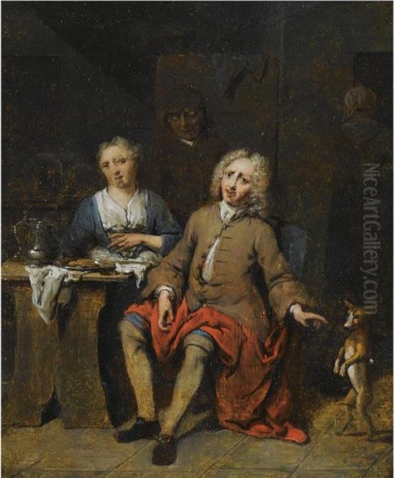 An Elegant Couple In An Interior With A Dancing Dog Oil Painting by Jan Baptist Lambrechts