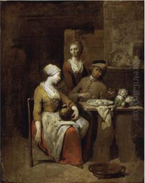 A Tavern Interior With A 
Gentleman Holding A Pipe And A Maid Holding A Gourd, A Serving Girl 
Beyond Oil Painting by Jan Baptist Lambrechts