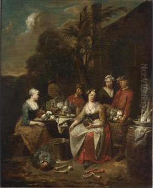 An Elegant Company Conversing 
And Playing Tric-trac In A Garden Setting; Servants Around A Table With 
Vegetables In A Garden Setting Oil Painting by Jan Baptist Lambrechts