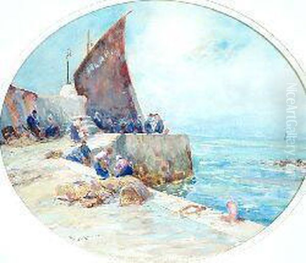 Unloading The Catch, Arbroath Harbour Oil Painting by William Bradley Lamond