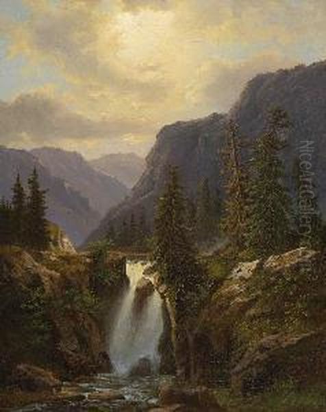 Gebirgslandschaft Mit
 Wasserfall. Oil Painting by Albert Lang