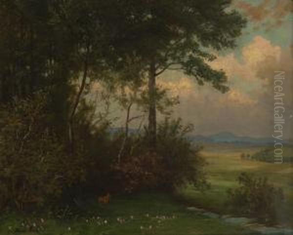 Abendstimmung Am
 Waldrand. Oil Painting by Albert Lang