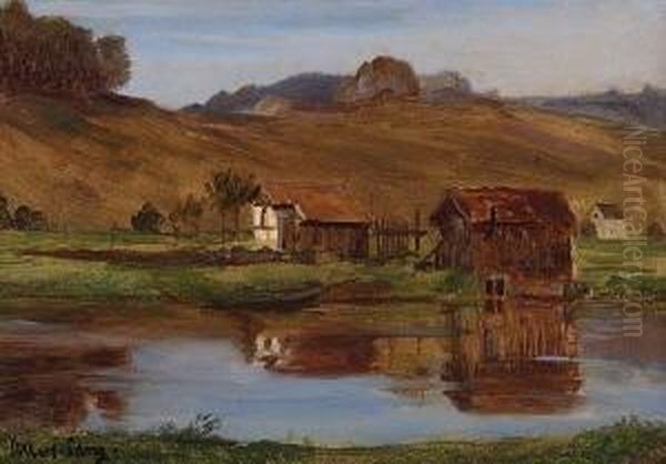 Fischerhutten An Einem
 Fluss. Oil Painting by Albert Lang