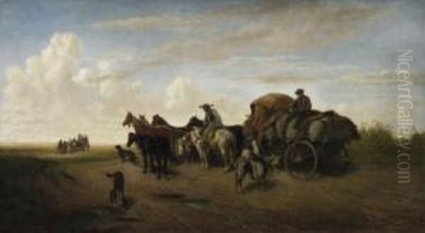 In The Puszta. Farmers On Their 
Horse-conveyances. Signed And Dated Bottom Right: H. Lang 1861 Paris Oil Painting by H.F. Lang