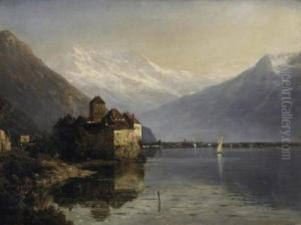 Chateau Chillon On The Lake In 
Genf. In The Background A View Onto The Rhone Valley. Signed And Dated 
Lower Left: Julius Lange 1871 Oil Painting by Julius Lange
