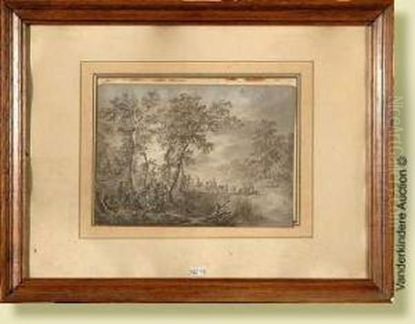 L'armee Passant Le Gue, Encre Et
 Lavis Sur Papier. Signeen Bas A Droite Langendyk Et Date 1799. Ecole 
Hollandaise. Dim.:26x36 Cm Oil Painting by Dirck Langendijk