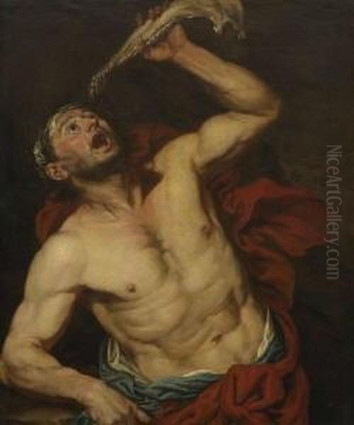 Simson Trinkt Aus Dem
 Kinnbackenknochen Eines Esels Oil Painting by Giovanni Battista Langetti