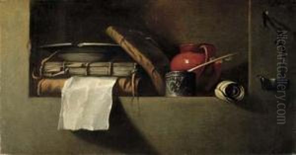 Books, A Plate, An Earthenware 
Pitcher, An Ink Well And Quill In A Niche With An Oil Lamp On The Wall 
Nearby Oil Painting by Giovanni Battista Langetti
