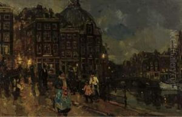 Avondstemming: On The Bridge By The Nieuwedijk And Singel, Amsterdam Oil Painting by Frans Langeveld
