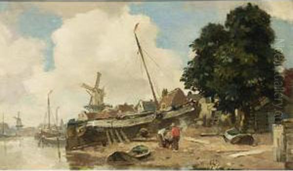 People At Work On A Shipyard Oil Painting by Frans Langeveld