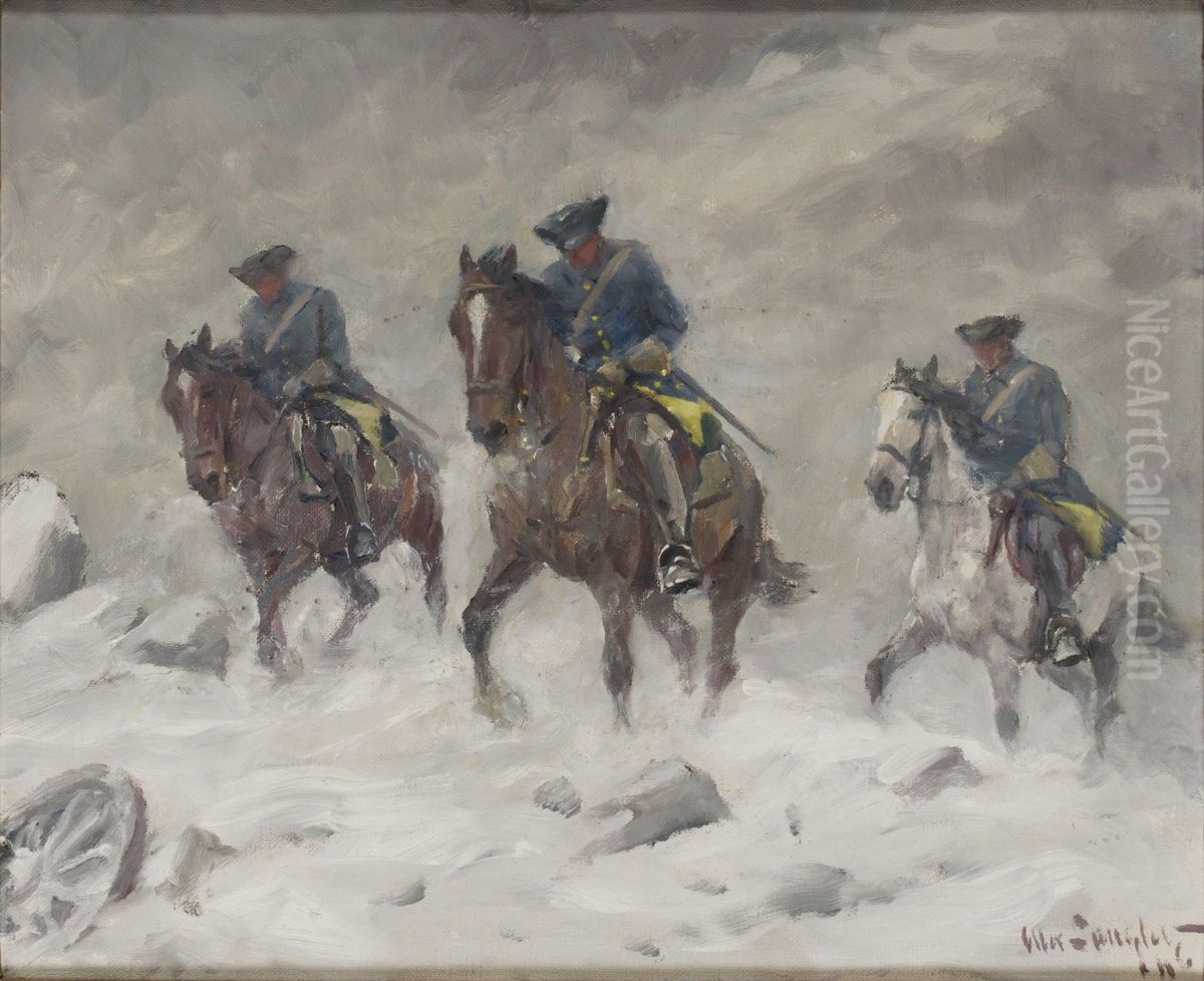 Ridande Karoliner I Snostorm Oil Painting by Alexander Langlet