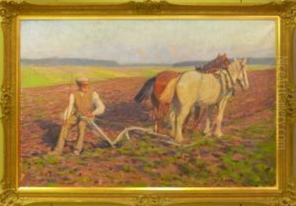 Man Med Hast Plogar Aker. Oil Painting by Alexander Langlet