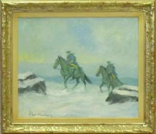 Hastar I Vinterlandskap. Oil Painting by Alexander Langlet