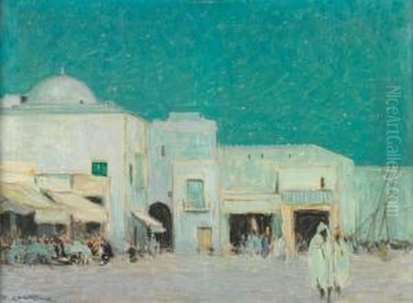 Marchandes Devant Leurs Echoppes A Bizerte Oil Painting by Fernand Lantoine