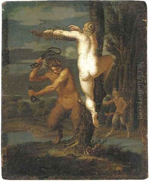 A satyr flogging a nymph Oil Painting by Agostino Carracci