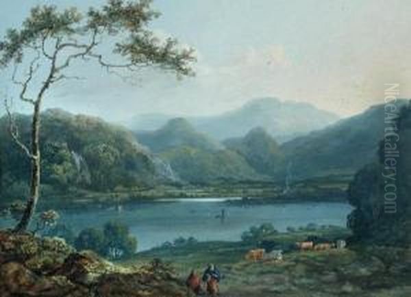 Lakelandlandscape With Walkers 
And Cattle Gouache 30 X 40cm Provenance:private Collection Oil Painting by John Laporte
