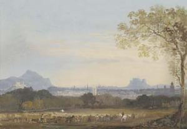 A Distant View Of Edinburgh From
 The North-east Showing The Castle, St Giles Cathedral On The Royal Mile
 And Salisbury Crags Oil Painting by John Laporte