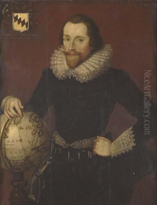 Portrait Of A Gentleman, 
Standing Three-quarter-length, In A Blackdoublet With White Lace Collar 
And Cuffs, His Right Hand On A Globepointing At Greenland Oil Painting by William Larkin