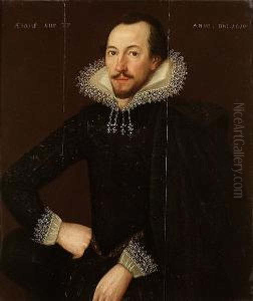 Portrait Of A Gentleman, Aged 
37, Half-length, In A Black Embroidered Doublet With A White Lace Collar
 And Cuffs, A Black Cloak Over His Left Shoulder And A Black Hat In His 
Right Hand Oil Painting by William Larkin