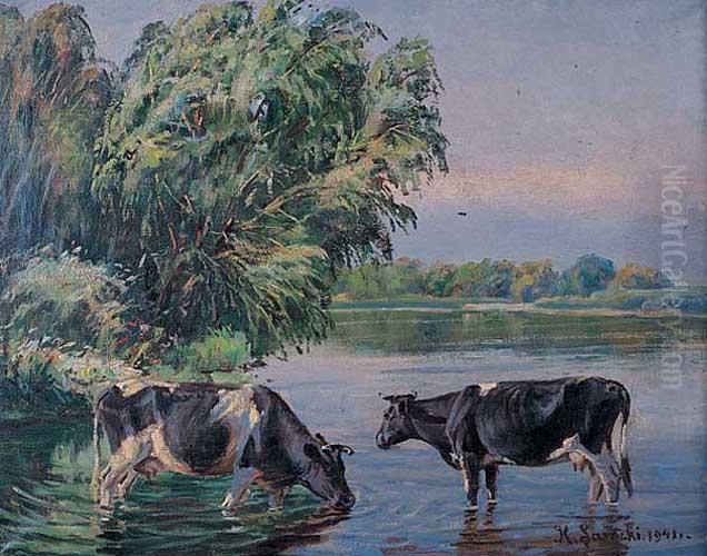 Krowy U Wodopoju Oil Painting by Kazimierz Lasocki