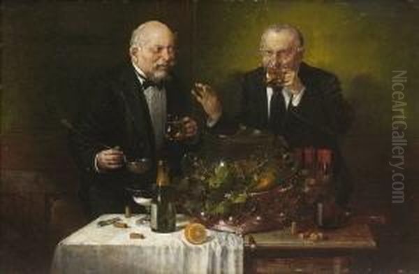 Zwei Manner Beim Bowle
 Trinken. Oil Painting by Hans August Lassen