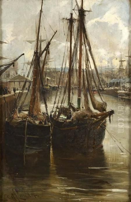 A Busy Harbour Scene Oil Painting by Charles James Lauder