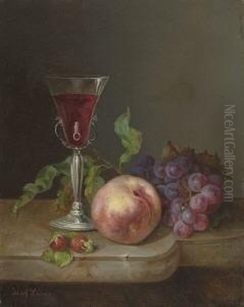 Stillleben Mit Weinglas, Pfirsich,
 Weintrauben Und Erdbeeren. Oil Painting by Josef Lauer