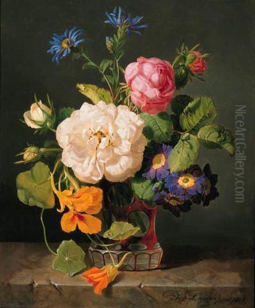 Damask Roses, Bourbon Roses, 
Michaelmas Daisies, Nasturtiums Andpolyanthus Primulas In A Vase Oil Painting by Josef Lauer
