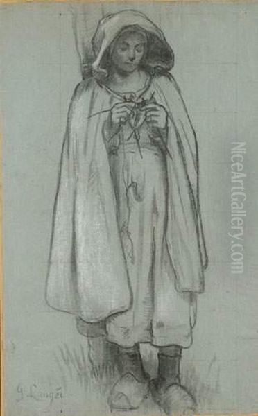 Bergere Tricotant
 Crayon Noir Et Rehauts De Gouache, Mis Aux Carreaux Oil Painting by Georges Laugee